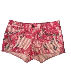 Juicy Jean Couture Womens 27 Pink White Floral Stripe Bling Rhinestone Shorts
